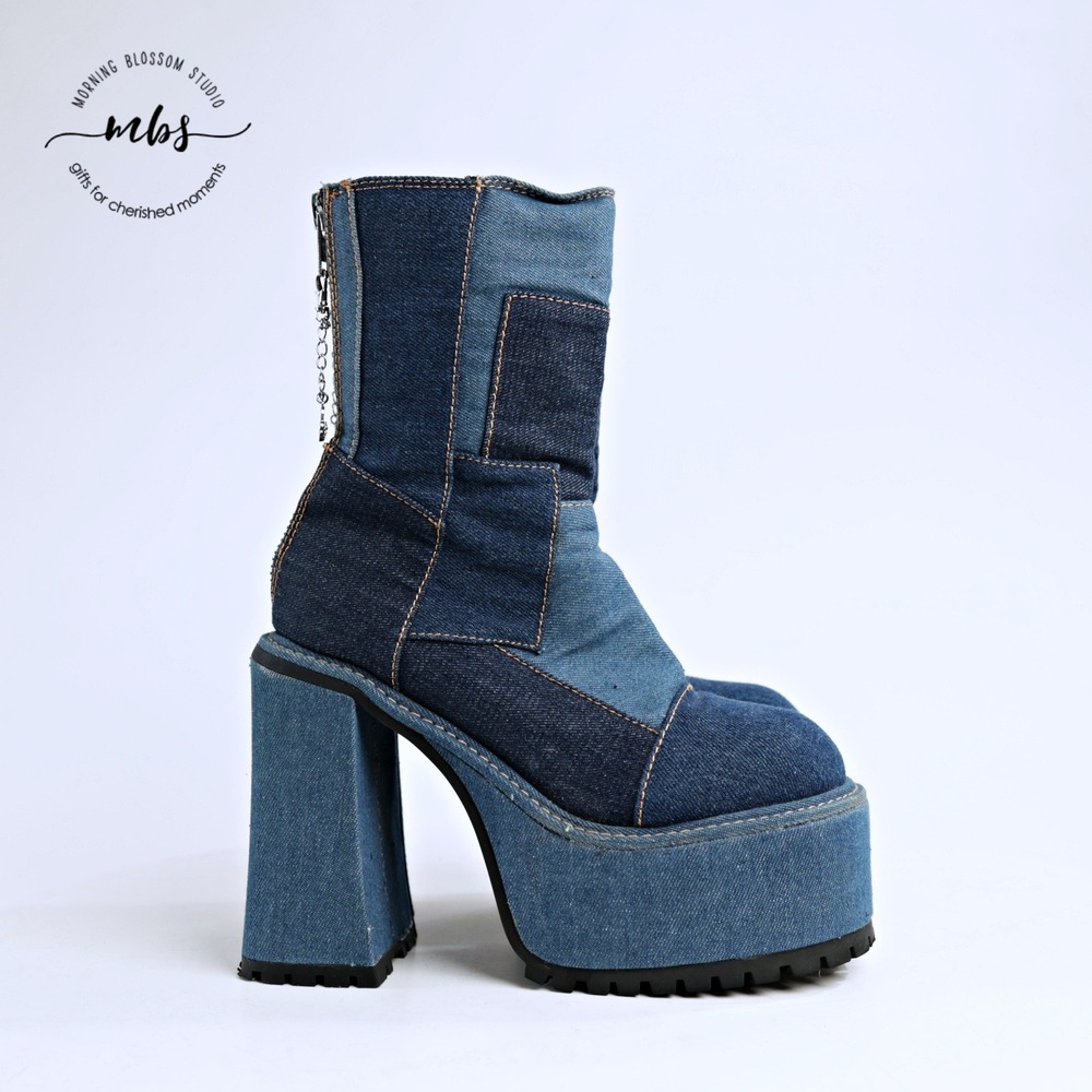 Dolls Kill x Bratz Guess Who's Back Denim Patchwork Platform Boots Blue Women 9